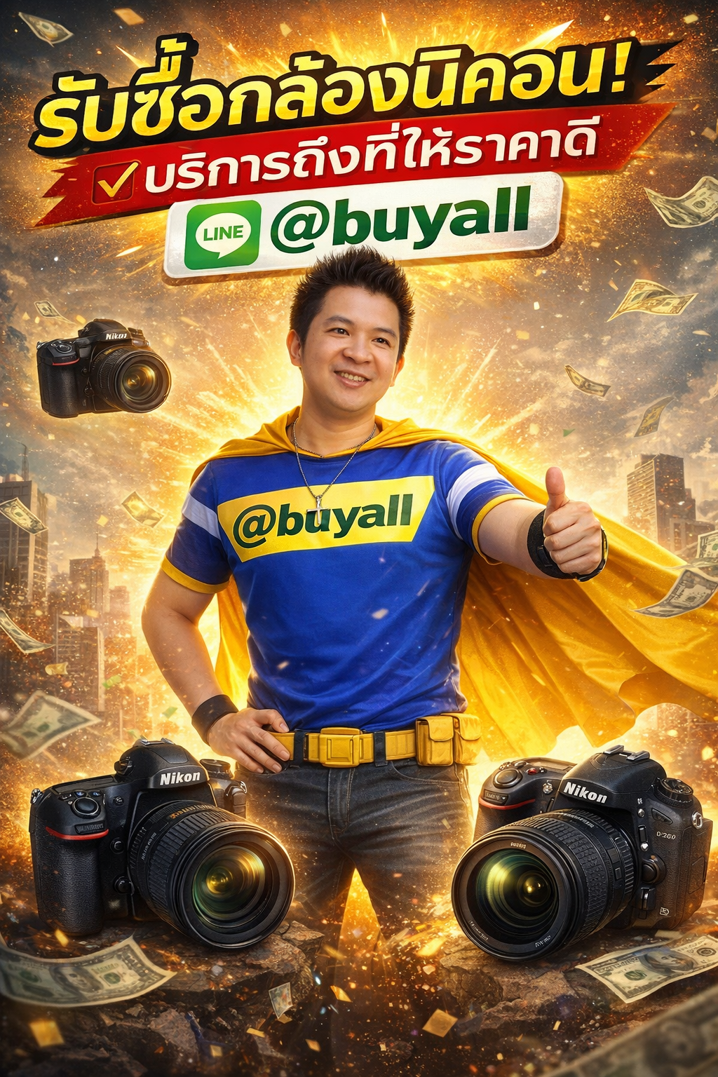 ภาพโปรโมตบริการรับซื้อกล้องนิคอน พร้อมข้อความ Line @buyall