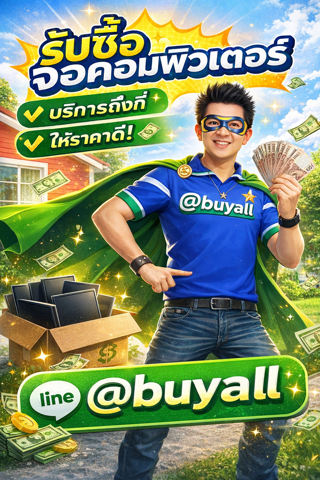 ภาพโปรโมตบริการรับซื้อจอคอมพิวเตอร์พร้อมข้อความ Line @buyall
