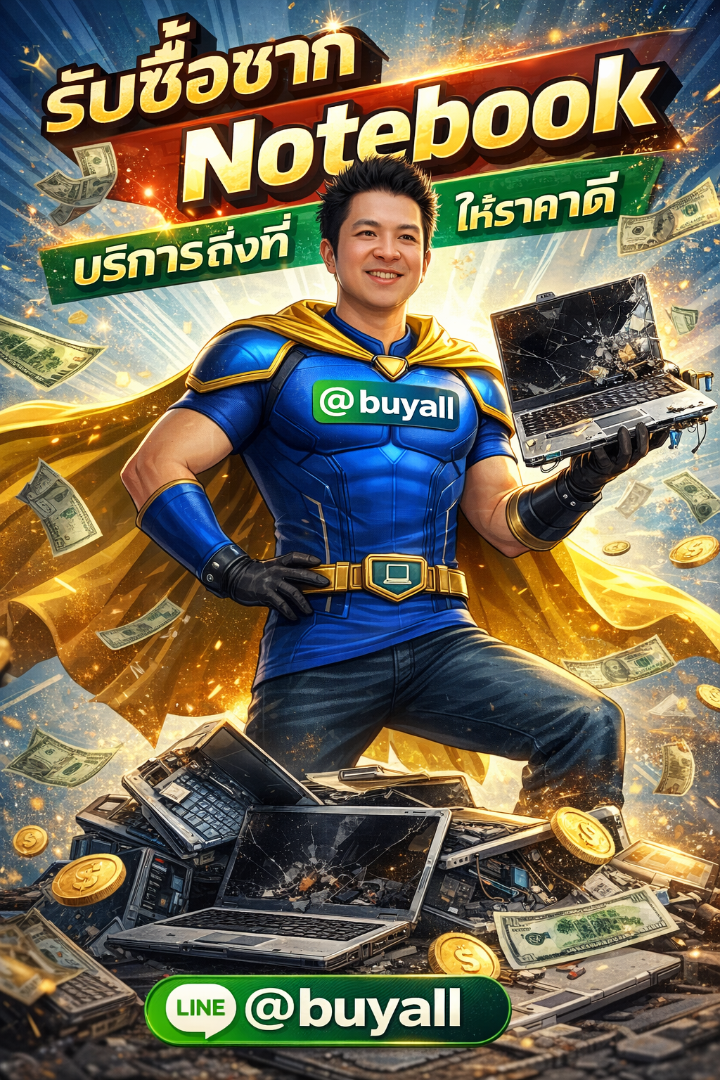 ภาพโปรโมตบริการรับซื้อ Notebook เสียพร้อมข้อความ Line @buyall