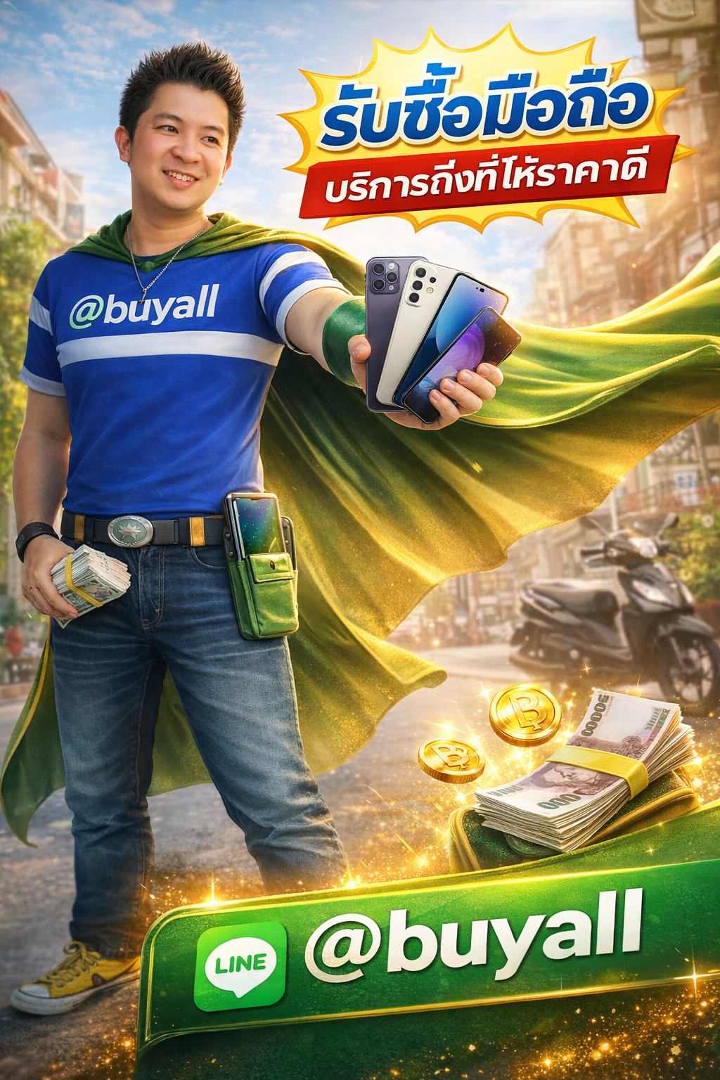 ภาพโปรโมตบริการรับซื้อมือถือพร้อมข้อความ Line @buyall