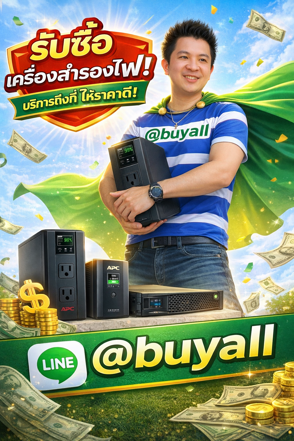 ภาพโปรโมตบริการรับซื้อเครื่องสำรองไฟพร้อมข้อความ Line @buyall