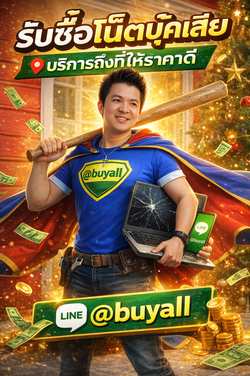 ภาพโปรโมตบริการรับซื้อโน๊ตบุ๊คเสียพร้อมข้อความ Line @buyall