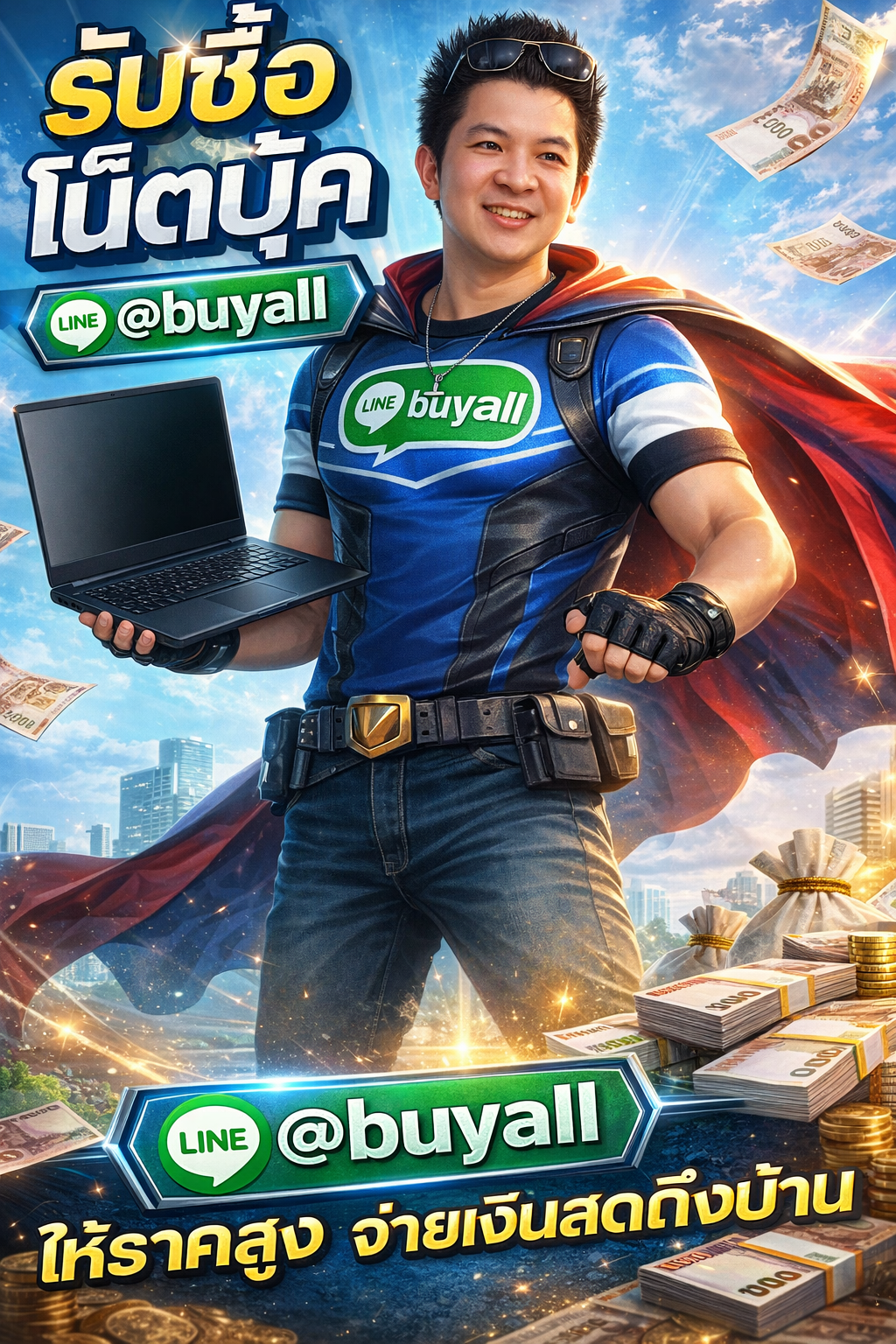 ภาพโปรโมตบริการรับซื้อโน๊ตบุ๊คพร้อม Line @buyall