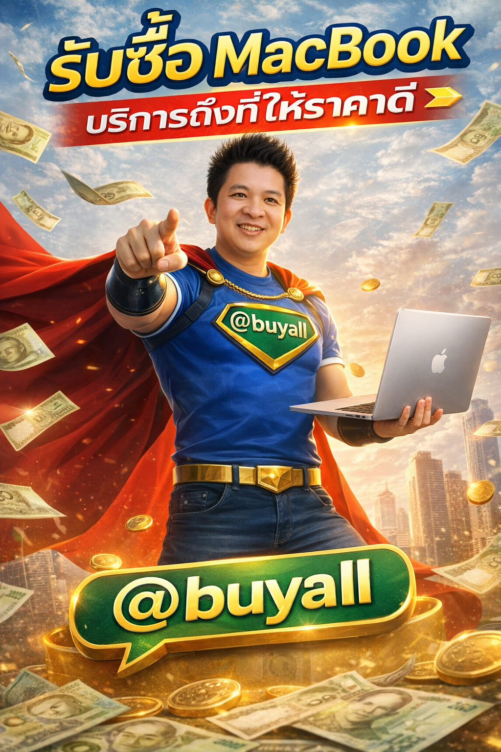 ภาพโปรโมตบริการรับซื้อ Macbook พร้อมข้อความ Line @buyall