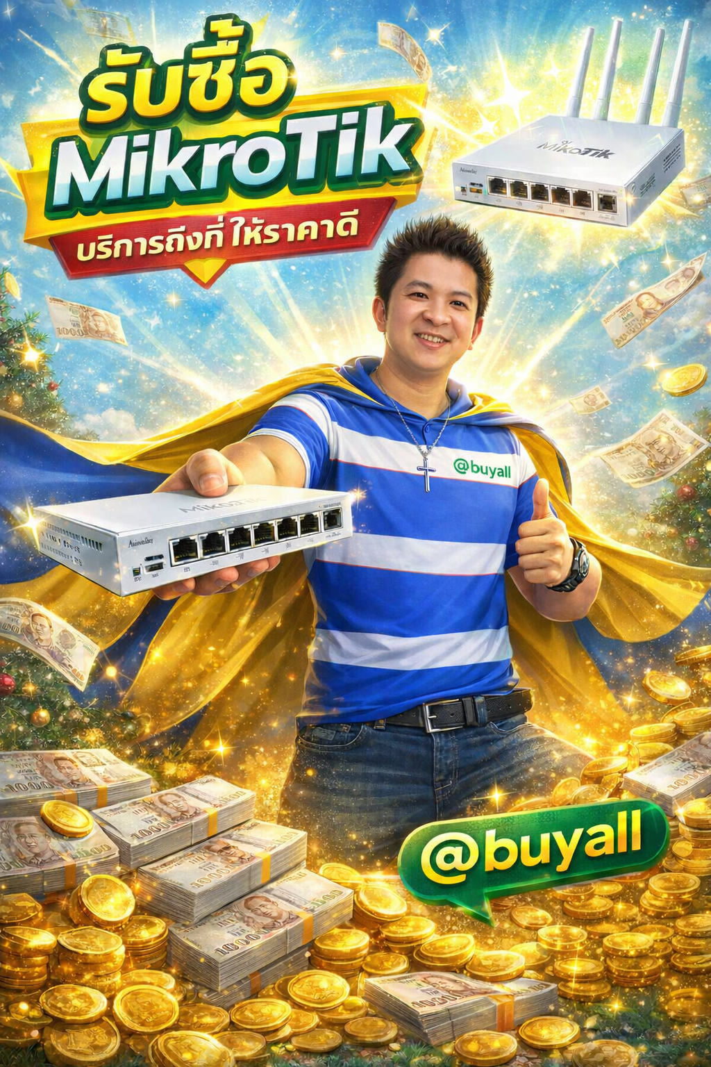 ภาพโปรโมตบริการรับซื้อ Mikrotik พร้อมข้อความ Line @buyall
