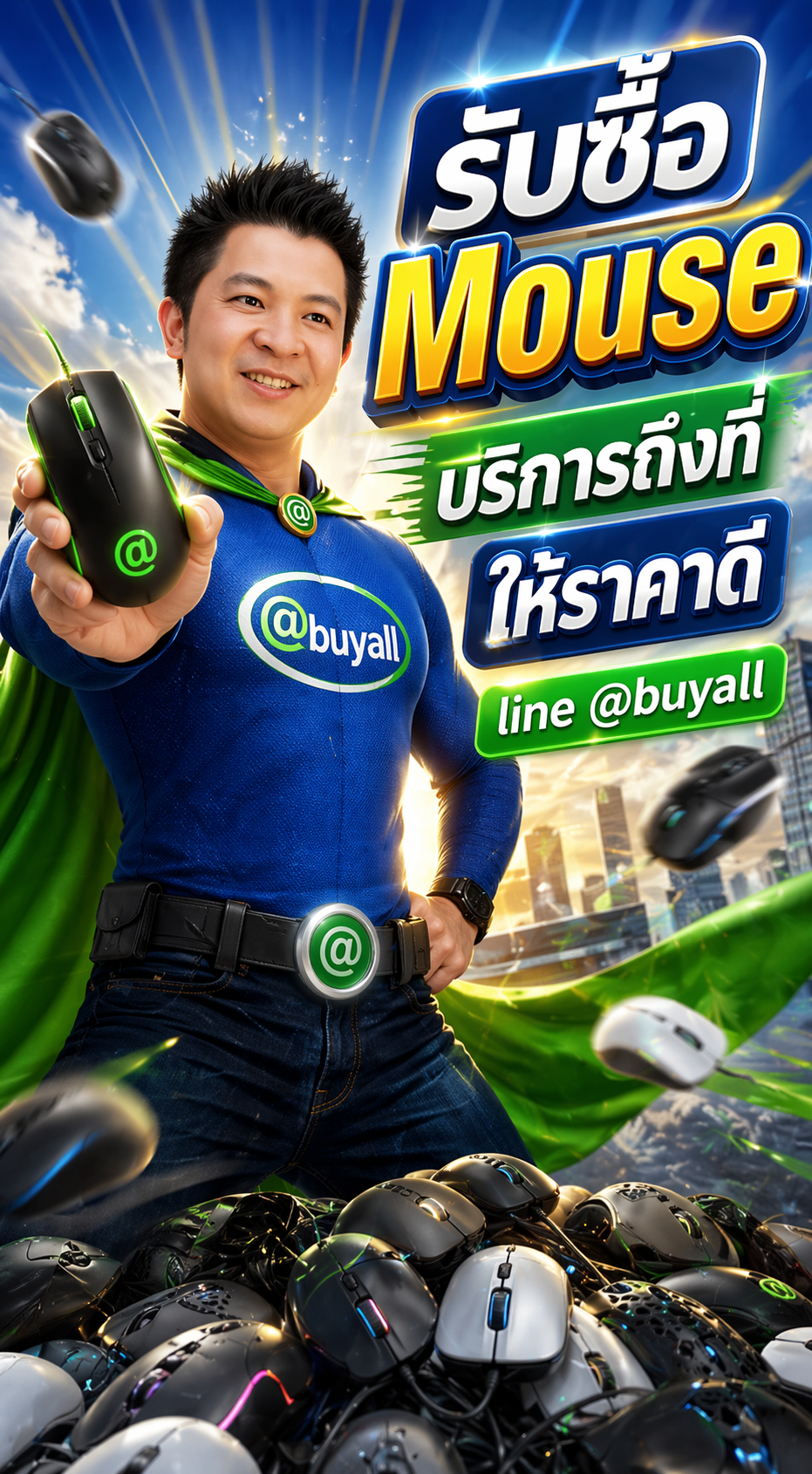 ภาพโปรโมตบริการรับซื้อ mouse พร้อมข้อความ Line @buyall