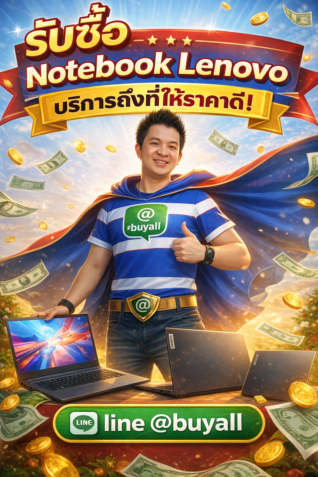 ภาพโปรโมตบริการรับซื้อ Notebook Lenovo พร้อมข้อความ Line @buyall