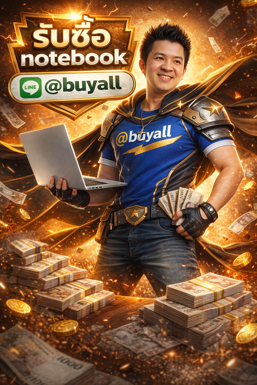 ภาพโปรโมตบริการรับซื้อ notebook พร้อมข้อความ Line @buyall