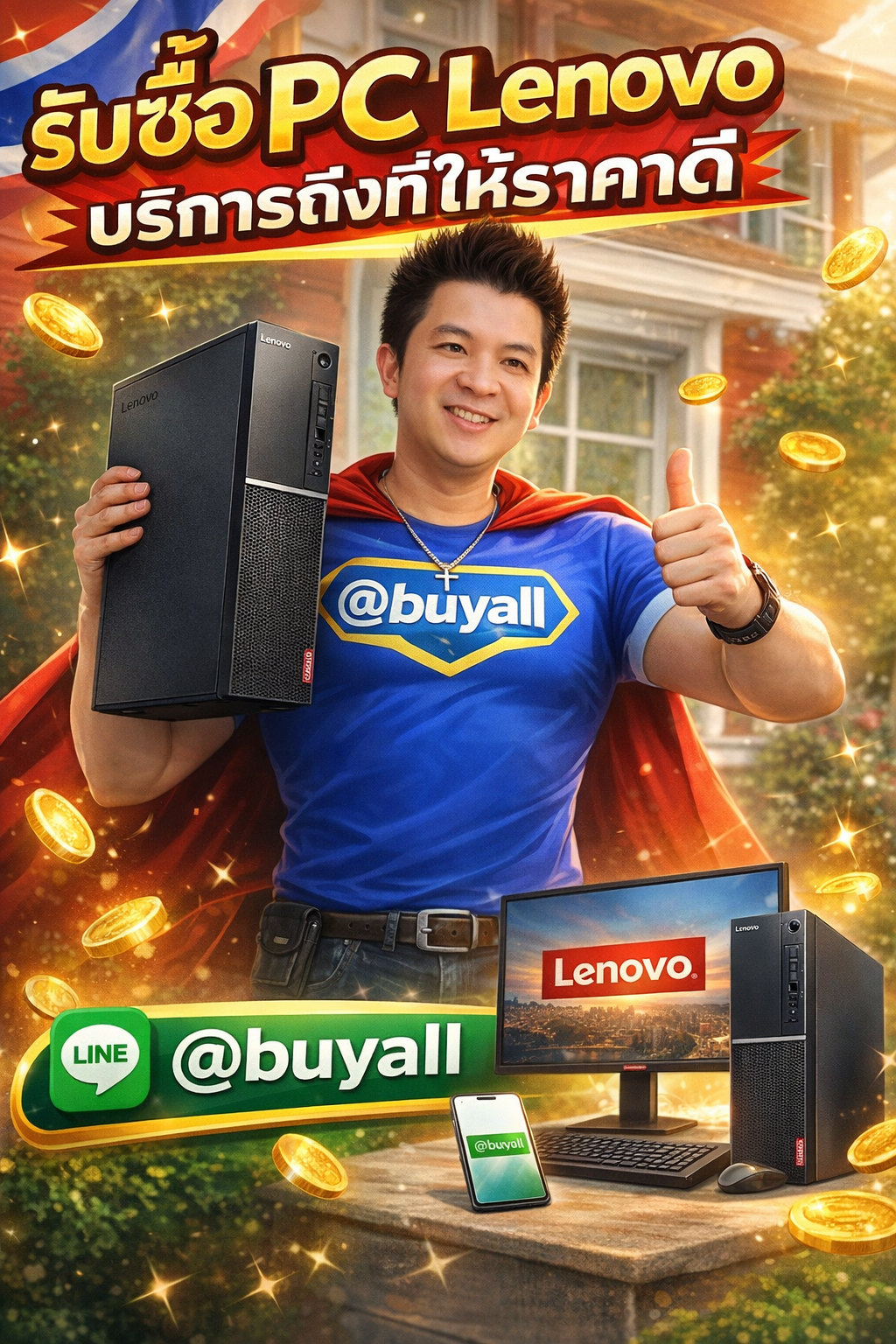 ภาพโปรโมตบริการรับซื้อPC Lenovo พร้อมข้อความ Line @buyall