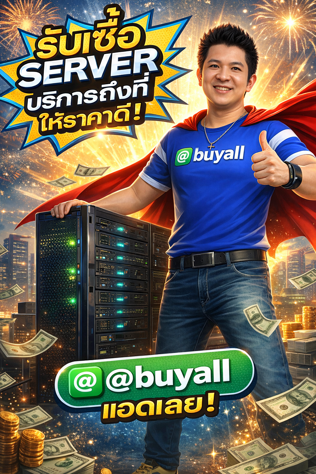 ภาพโปรโมตบริการรับซื้อ Server พร้อมข้อความติดต่อ Line @buyall
